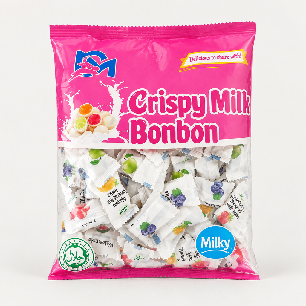 آب نبات شیری میوه‌ای Crispy Milk Bonbon برند SM بسته ۵۰۰ گرمی